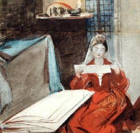 A Lady in a Medieval Costume studying the Contents of a Portfolio