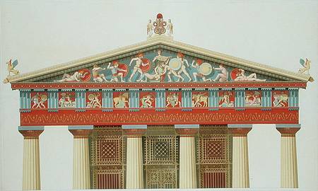 Facade of the Temple of Jupiter at Aegina (323-27 BC) (colour litho) from Daumont