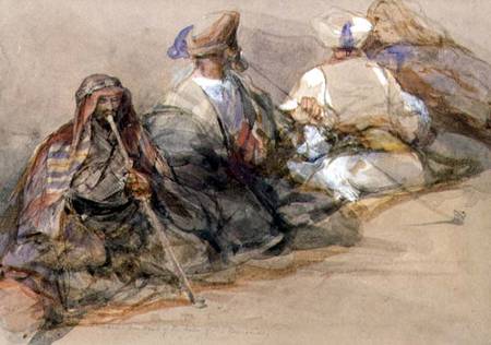 Group of Arab figures, two smoking a cubuk from David Roberts