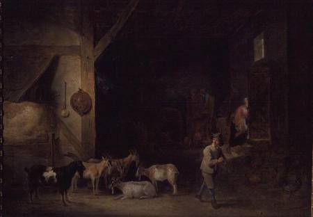 Barn with goats and a boy playing the recorder from David Teniers