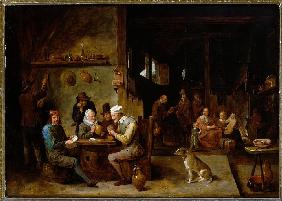 A Farmhouse Interior with Peasants at a Table Playing Cards