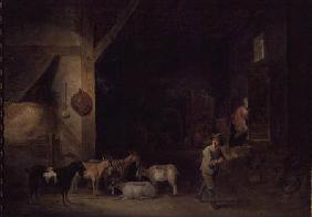 Barn with goats and a boy playing the recorder