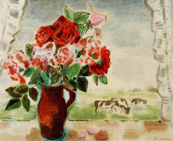 Adolf de Haer, Braune Vase mit Rosen