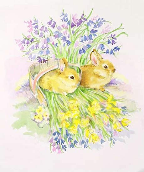 Rabbits in a basket with Daffodils and Bluebells  from Diane  Matthes