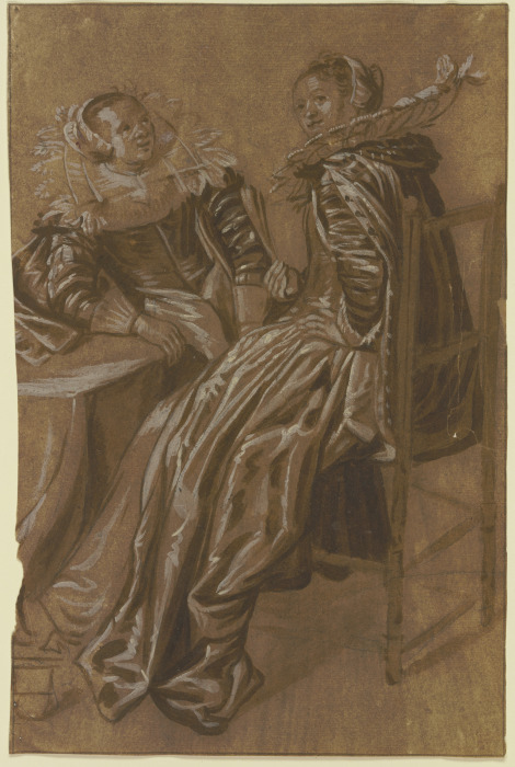 Zwei reichgekleidete holländische Frauen an einem Tisch sitzend, die vordere hat ihr Gesicht gegen d from Dirck Hals