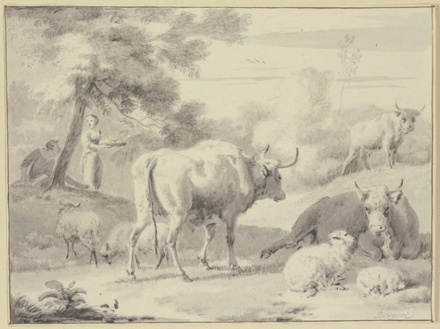 Kühe und Schafe, links unter einem Baum Hirte und Hirtin from Dirck van Bergen