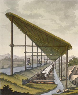 Slaves washing the silt to find diamonds at Mandanga, Brazil, late 18th century (colour litho) from D.K. Bonatti