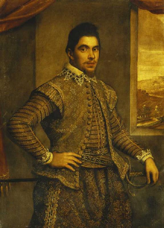 Bildnis eines Gentleman in besticktem Kostüm vor Landschaft. from Domenico Tintoretto