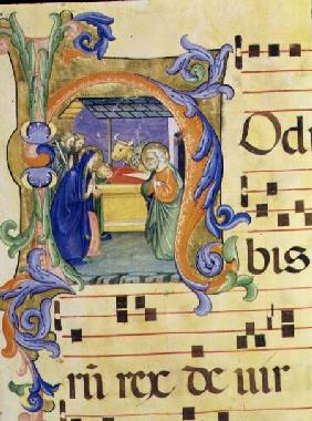 Ms 571 f.6r Historiated initial 'H' depicting the Nativity from an antiphon illuminated by Don Simon