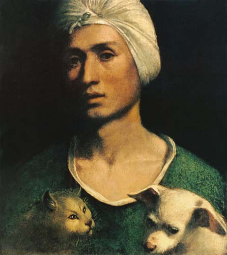 Portrait of a Young Man With a Dog and a Cat from Dosso Dossi