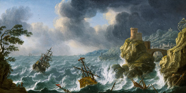 Shipwreck in a storm off a rocky coast from Dutch School