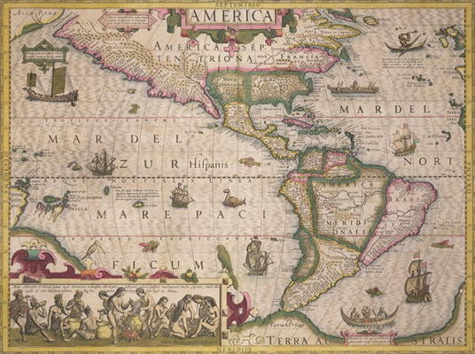 Map of America, from the Mercator 'Atlas', pub. by Jodocus Hondius (1563-1612), Amsterdam, 1606 (eng from Dutch School, (17th century)
