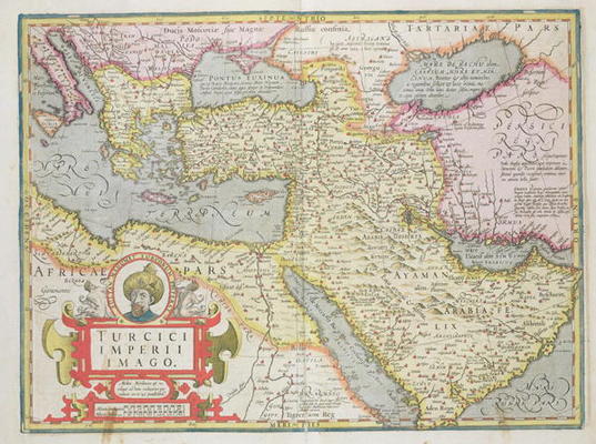 Map of the Turkish Empire, from the Mercator 'Atlas' pub. by Jodocus Hondius (1563-1612) Amsterdam, from Dutch School, (17th century)