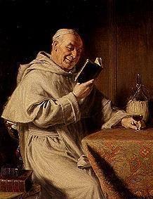 Lesender Mönch mit Rotweinglas.