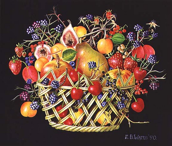 Fruit in a Basket with Black Background, 1990 (acrylic)  from E.B.  Watts