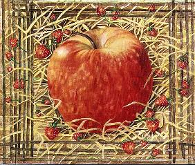 Apple in Straw with Strawberries, 1997 (acrylic on canvas) 