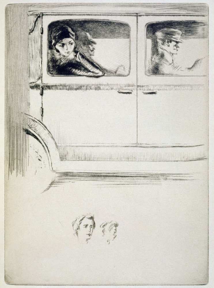 A couple in a chauffeur driven car, illustration for Mitsou by Sidonie-Gabrielle Colette from Edgar Chahine