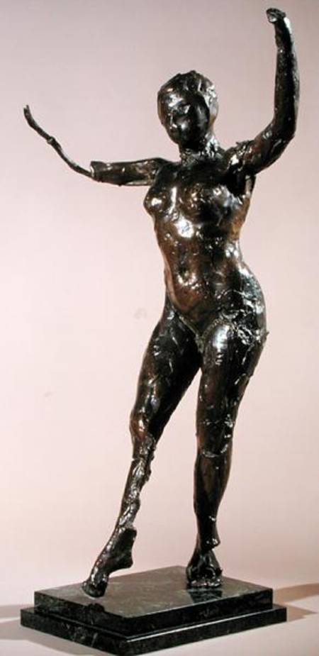 Dancer moving forward, arms raised, right leg forward from Edgar Degas