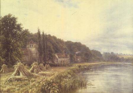 Riverside Village with figures fishing from Edmund George Warren