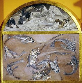 Diptych: Fish and ducks in a pond (tempera on card)