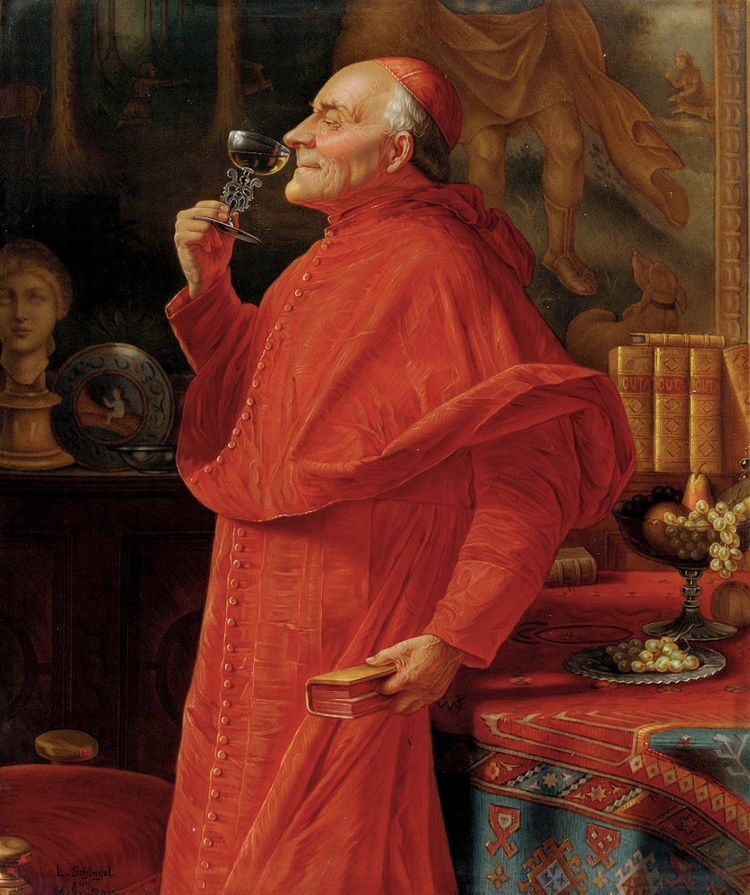 Plaque depicting a Cardinal sampling the bouquet of a white wine from a Venetian glass from Eduard Grützner