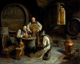 Drei Mönche im klösterlichen Weinkeller