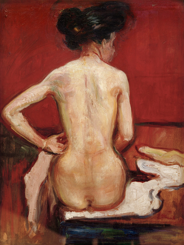 Back View of Sitting Female Nude with Red Background from Edvard Munch