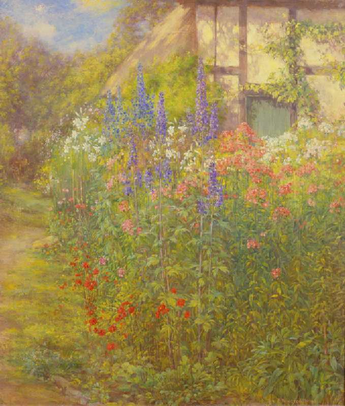Lilies, Delphiniums and Poppies in the Garden of the Artists Cottage at Ashton-under-Hill near Evesh from Edward Kington Brice