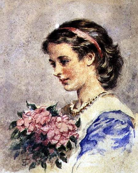 Young Girl with a Bunch of Pink Flowers (w/c over pencil on paper) from Edward Tayler