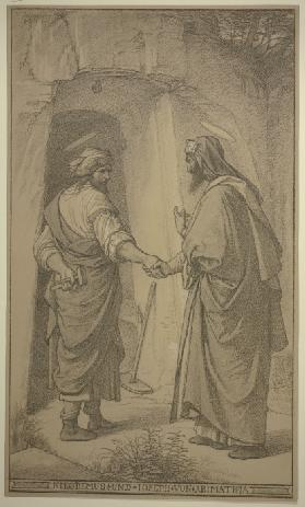 Nikodemus und Joseph von Arimathia vor dem Grab des Herrn, sich die Hand reichend