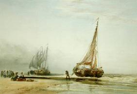 Dutch Fishing Boats on the Beach with Groups of Fisherfolk
