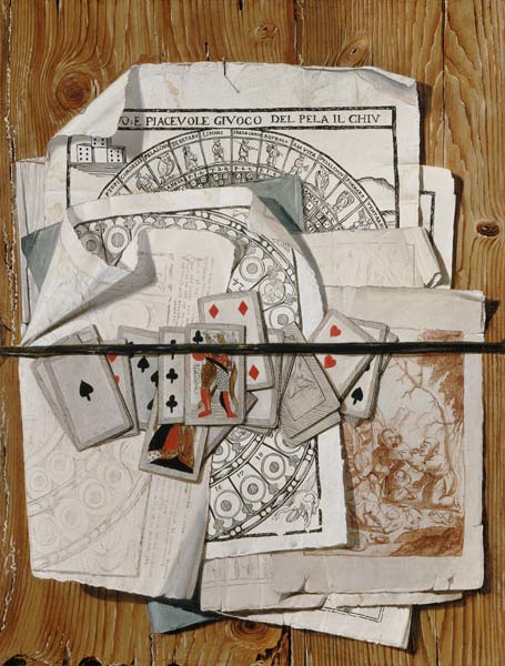 Trompe l'oeil mit verschiedenen Drucken und Spielkarten from Egidio Maria Bondoni