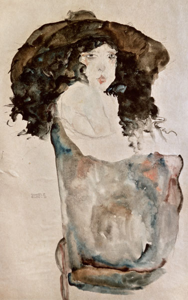 Mädchen mit blauschwarzem Haar und Hut. from Egon Schiele