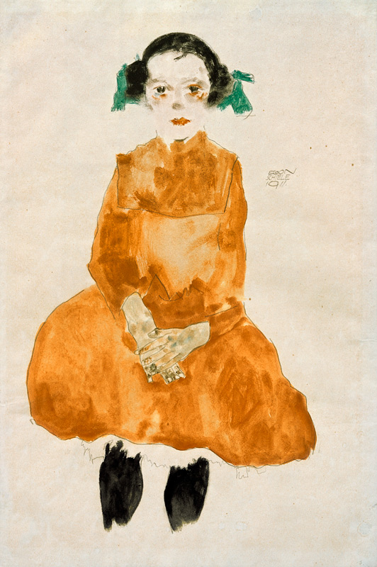 Kleines Mädchen in gelbem Kleid mit schwarzen Strümpfen from Egon Schiele