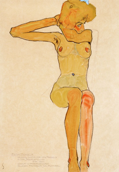 Sitzender weiblicher Akt mit abgespreiztem rechtem Arm from Egon Schiele