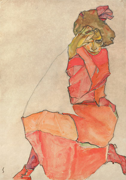 Kneeling Female in Orange-Red Dress from Egon Schiele