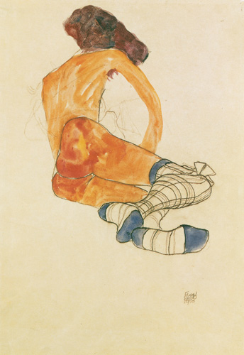Sitzender weiblicher Akt mit blauem Strumpfband, vom Rücken gesehen from Egon Schiele
