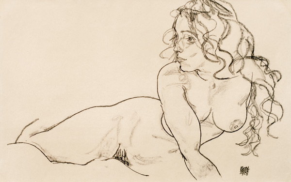 Sich aufstützender weiblicher Akt mit langem Haar from Egon Schiele