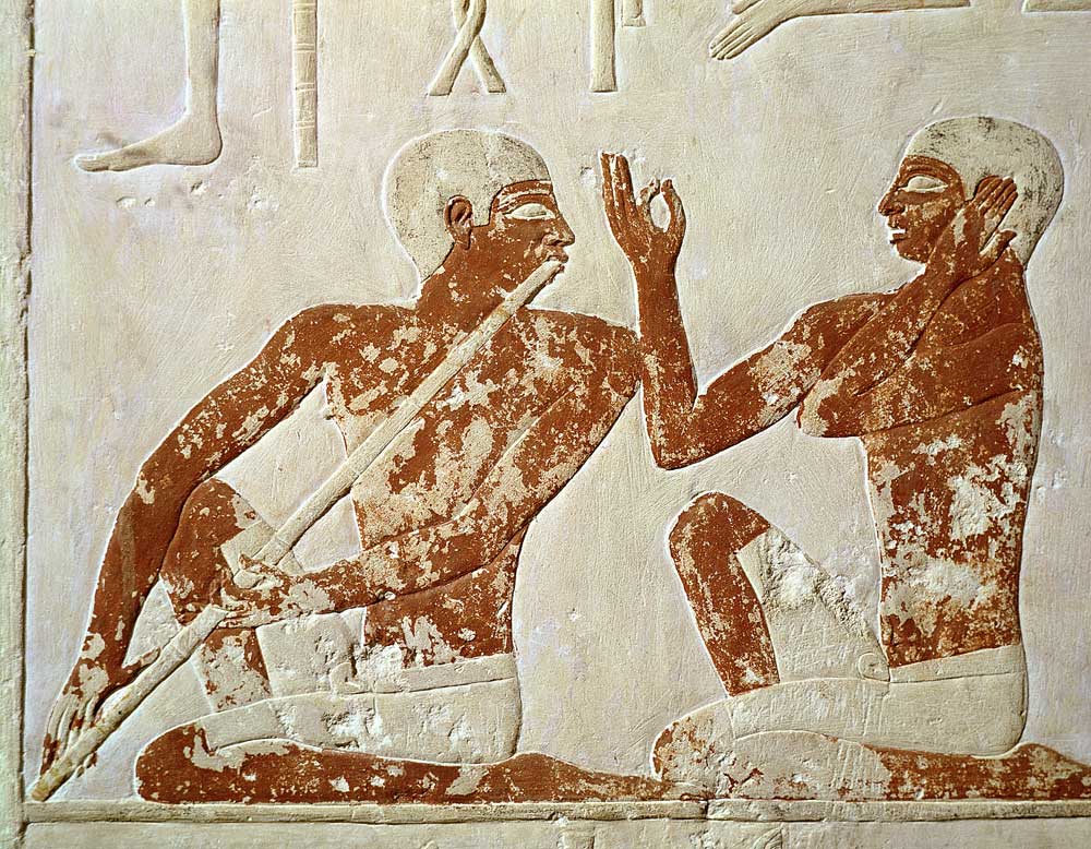 Painted relief depicting a flute player and a singer at a funerary banquet, from the Tomb of Nenkhef from Egyptian