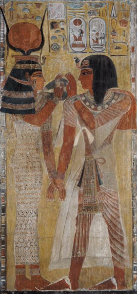 The Goddess Hathor placing the magic collar on Seti I (c.1394-1279 BC), taken from the Tomb of Seti from Egyptian