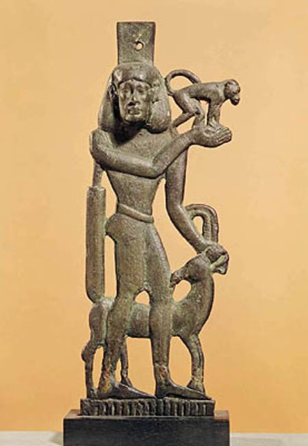 Figure of a man holding a monkey with an ibex licking his knee, Saite Period from Egyptian