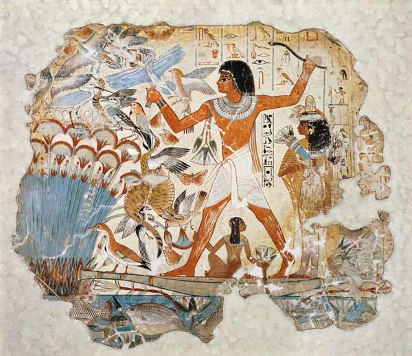Nebamun hunting in the marshes with his wife an daughter, part of a wall painting from the tomb-chap from Egyptian