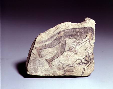 Ostracon with a figure of a monkey playing a flute, New Kingdom from Egyptian