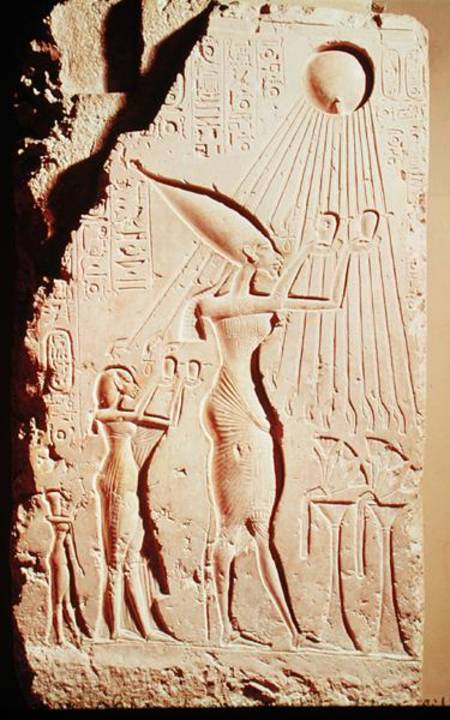 Relief depicting Amenophis IV (Akhenaten) (c.1364-47 BC), Nefertiti and their Daughter, Meritaton, M from Egyptian