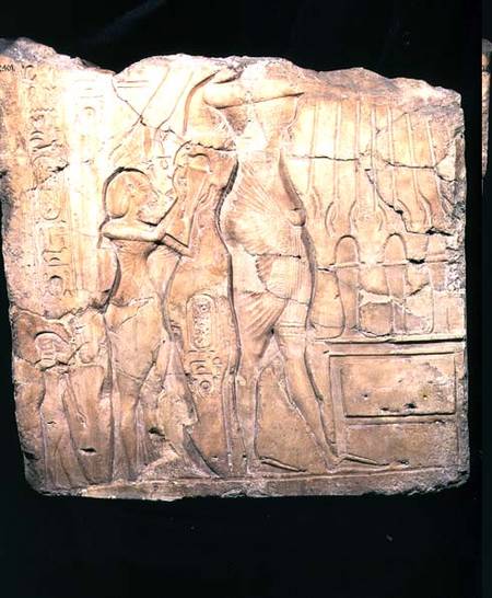 Relief fragment depicting Akhenaten followed by Nefertiti and Meritaten before an offering table, Ne from Egyptian