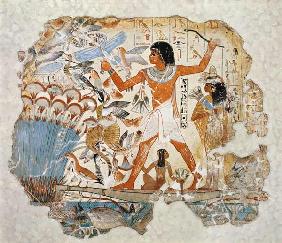 Nebamun hunting in the marshes with his wife an daughter, part of a wall painting from the tomb-chap