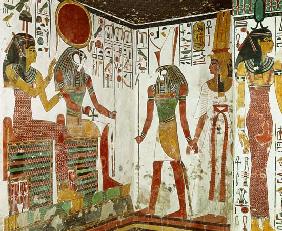 Nefertari is brought before the god Re-Horakhty by Horus, from the Tomb of Nefertari, New Kingdom