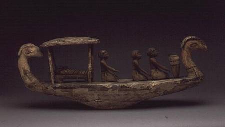 Tomb model of a boat, with a mummy on a bier under a canopy with three male crew, with a mummy on a from Egyptian