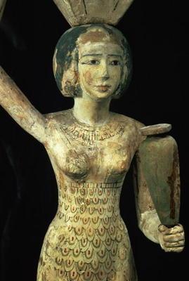 Female bearer of offerings carrying a water vase in her hand and a vessel on her head, Egyptian, Mid