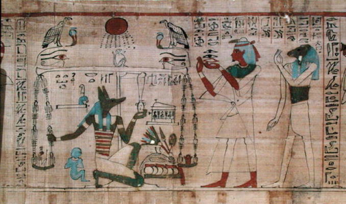 Detail from the Book of the Dead of the priest Aha-Mer depicting Anubis weighing the heart of the de from Egyptian 21st Dynasty